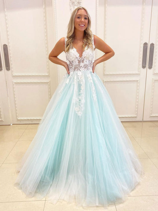 Unique v neck tulle lace green long prom dress A-line green evening dress