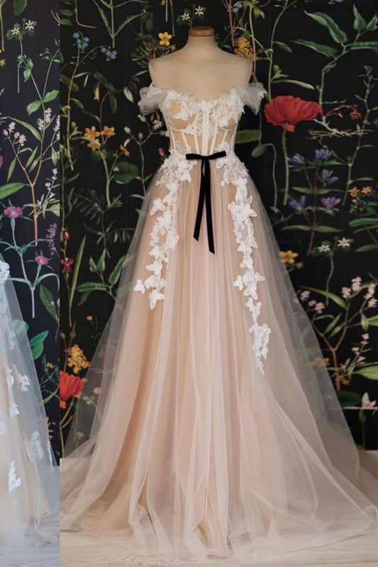 Champagne off shoulder tulle lace long prom dress, evening dress