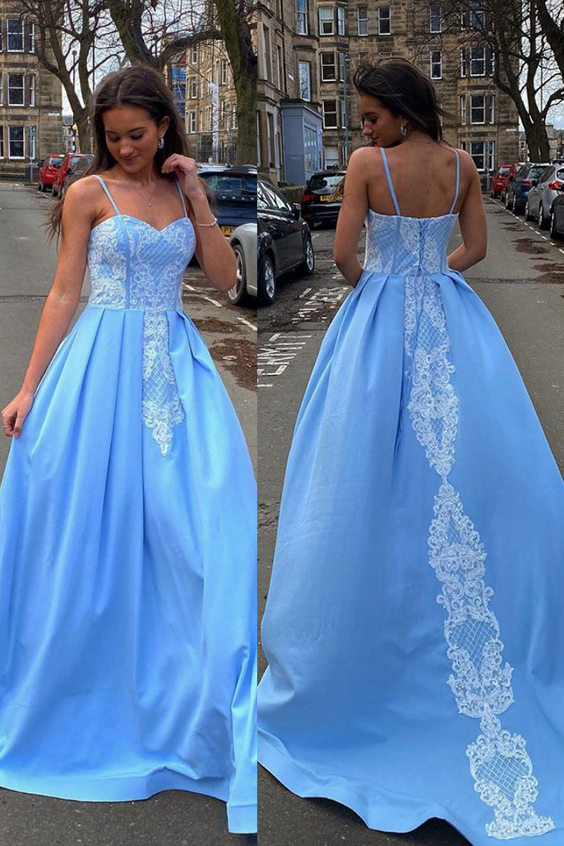 Blue sweetheart neck satin lace long prom dress blue formal dress