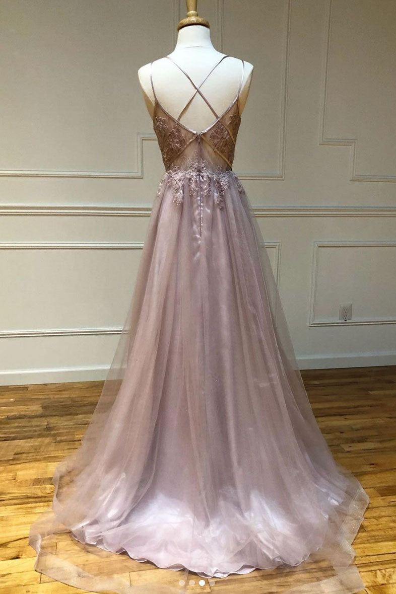 Pink v neck tulle lace long prom dress pink lace evening dress