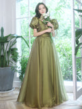 Green tulle long prom dress, green tulle long evening dress
