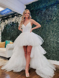 White v neck tulle high low prom dress white tulle formal dress