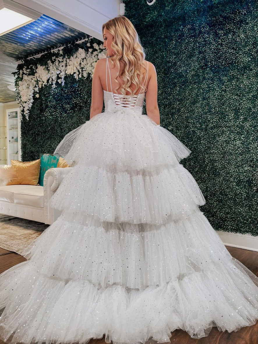 White v neck tulle high low prom dress white tulle formal dress