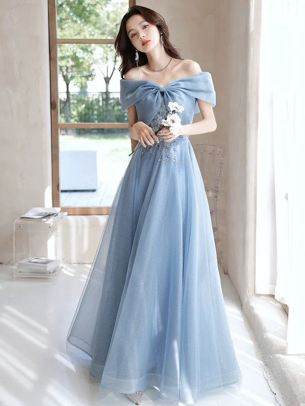 A-Line Off Shoulder Tulle Gray Blue Long Prom Dress, Gray Blue Long Formal Dress