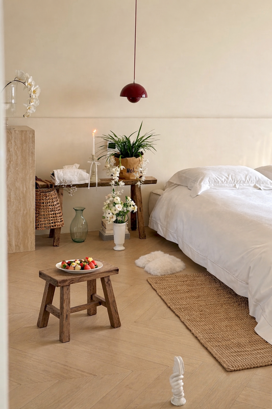 Small rustic stool used as a bedside table in a minimalist bedroom with Wabi-Sabi decor.