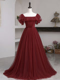 Simple A line burgundy tulle long prom dress, burgundy tulle formal dress
