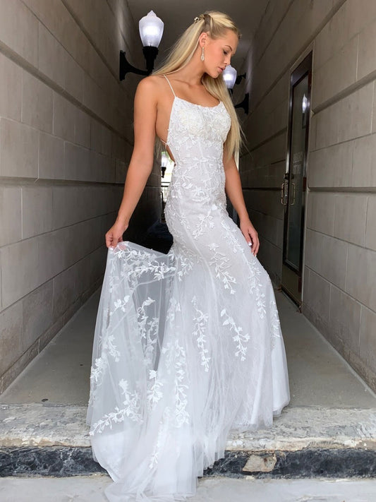 Ivory lace tulle long prom dress, lace evening dress