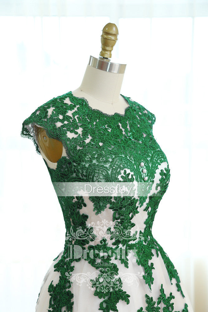 Green lace long prom dress, green bridesmaid dress