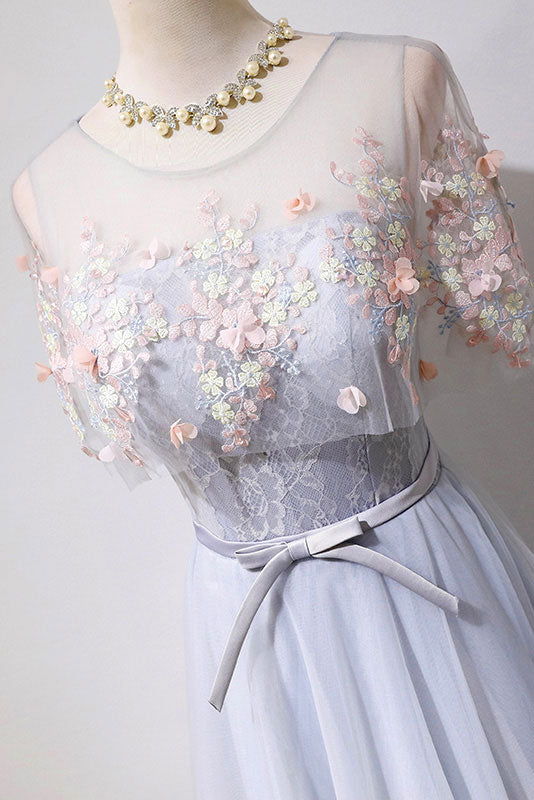 Gray tulle lace long prom dress, gray lace evening dress