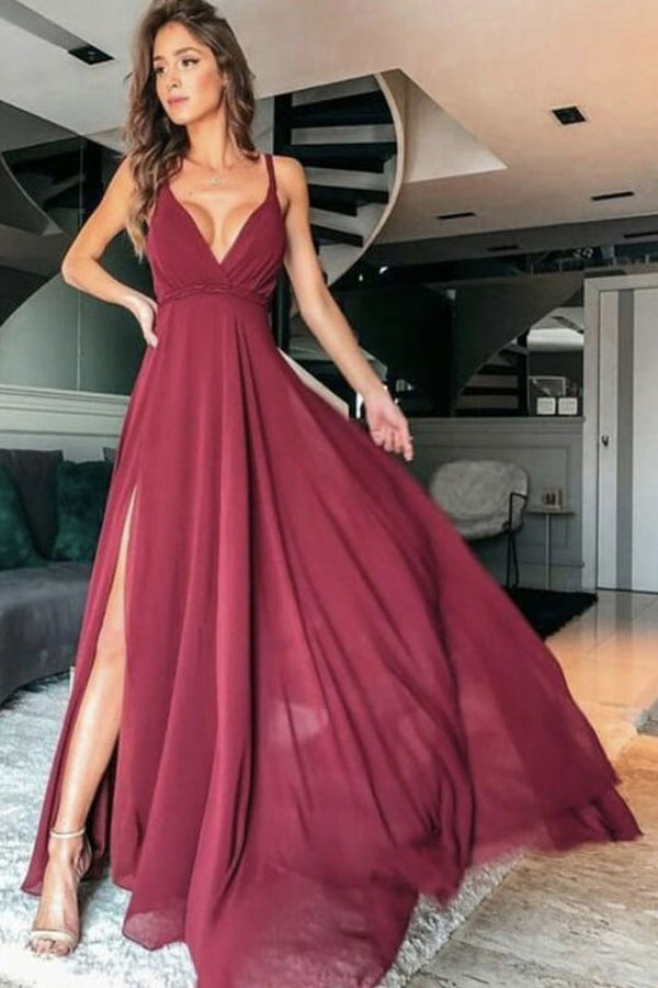Simple v neck chiffon long prom dress chiffon bridesmaid dress
