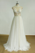 White Aline round neck lace long prom dress, lace wedding dress