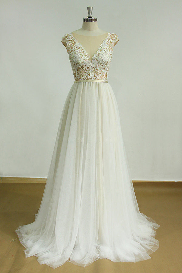 White Aline round neck lace long prom dress, lace wedding dress