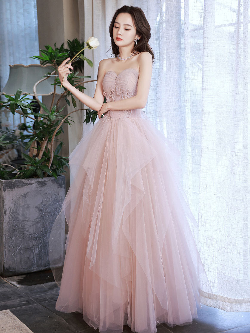 Pink tulle off shoulder long prom dress, pink tulle formal dress