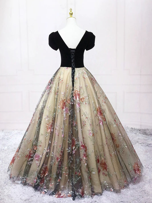 A-Line  V Neck Tulle Velvet Black Long Prom Dress, Black Long Formal Dress