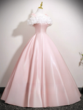 A-Line Off Shoulder Satin Pink Long Prom Dress, Pink Long Formal Dress