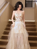 A-Line Sweetheart Neck Beads Champagne Long Prom Dress, Champagne Homecoming Dress