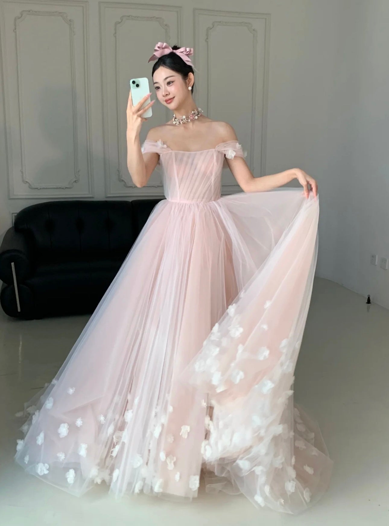 A-line Off Shoulder Tulle 3D Applique Pink Long Prom Dress, Pink Long Formal Dress