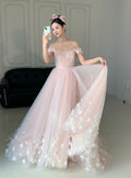 A-line Off Shoulder Tulle 3D Applique Pink Long Prom Dress, Pink Long Formal Dress