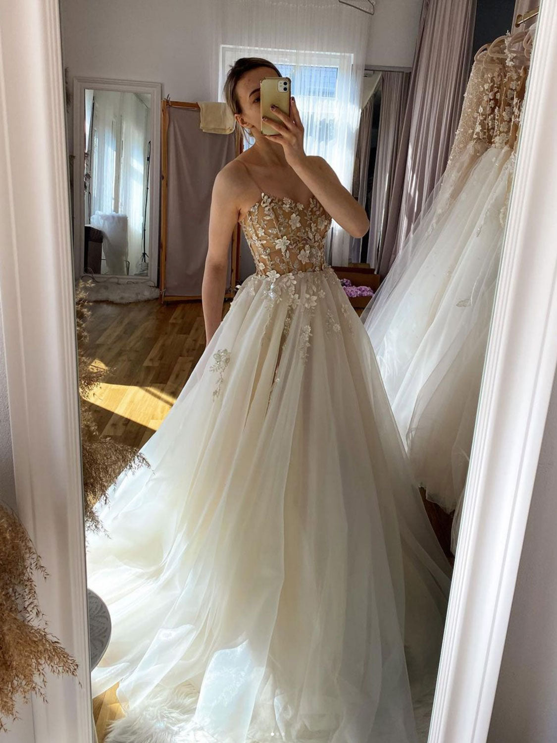 Champagne  Aline tulle lace long prom dress, champagne evening dress