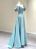 Blue A-Line Satin Long Prom Dresses