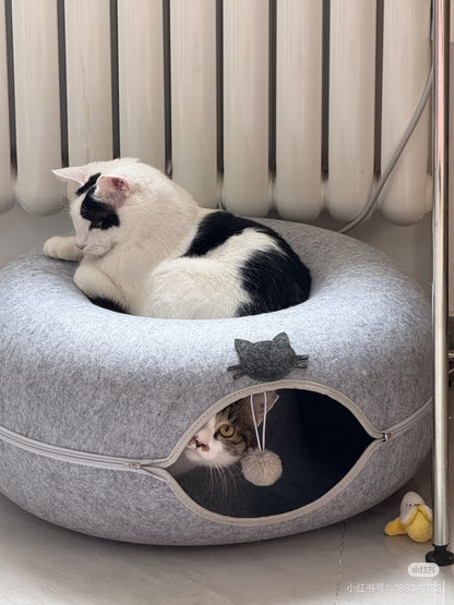 Convertible Felt Cat Cave Bed with Zipper – Modern 2-in-1 Donut Pet Hideout
