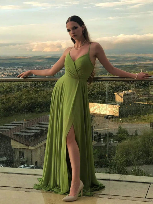 Simple A line green chiffon long prom dress, green evening dress