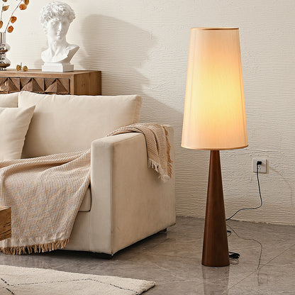 Modern Sculptural Wood Floor Lamp with Tall Linen Shade – Ambient Lighting for Living Room & Bedroom