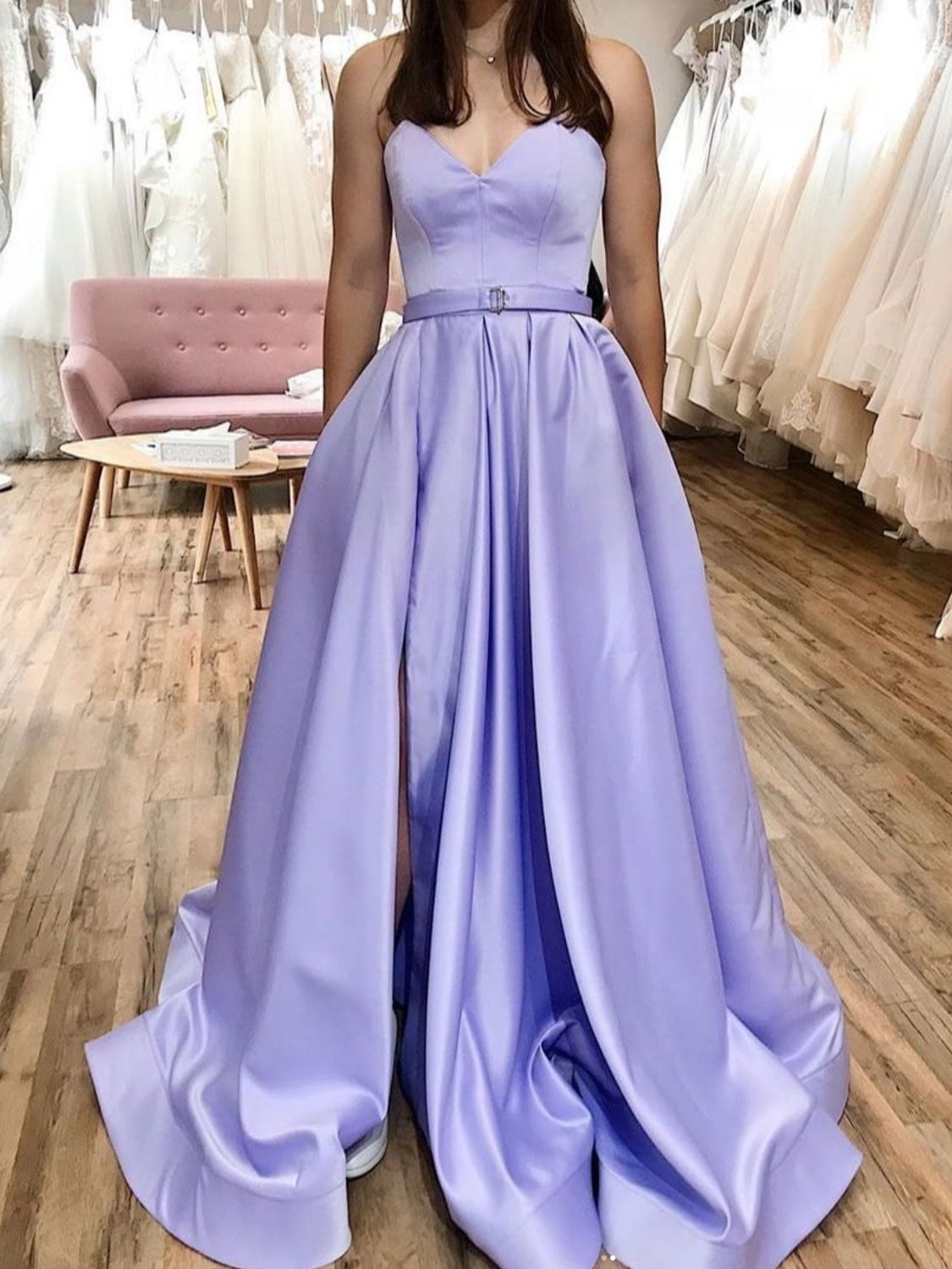 Simple A line satin long prom dress, satin evening dress