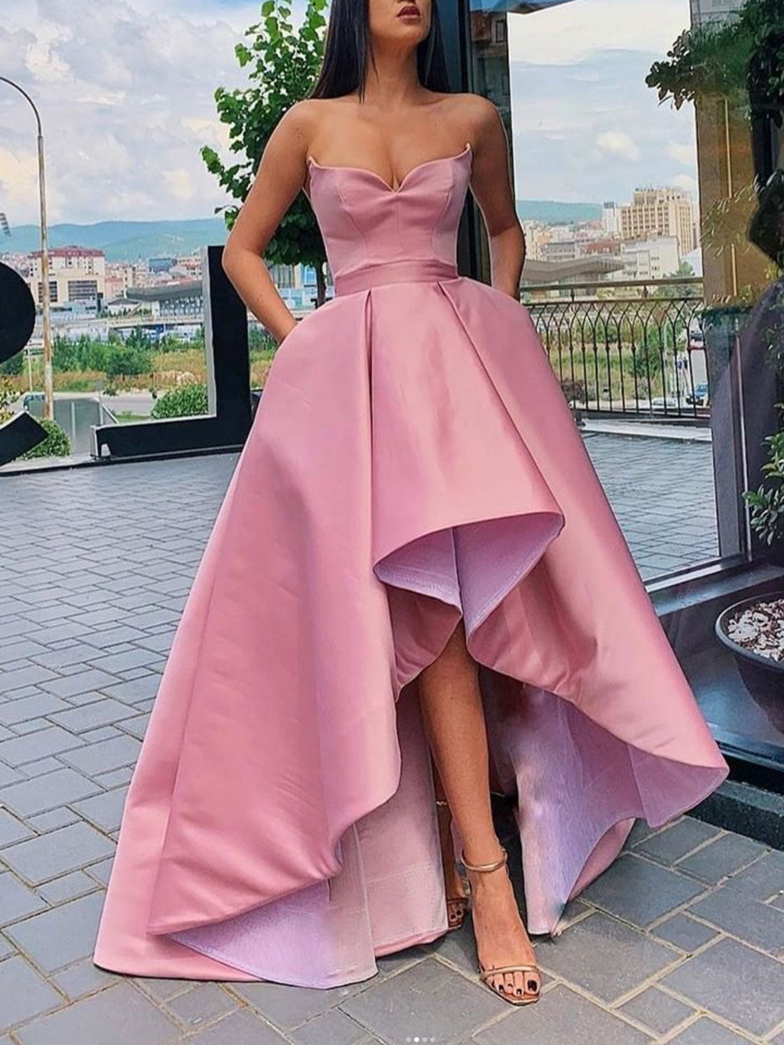 Simple high low satin prom dress, satin evening dress