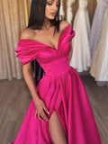 Elegant v neck off shoulder satin long prom dress, formal evening dress