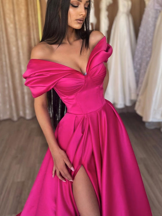 Elegant v neck off shoulder satin long prom dress, formal evening dress