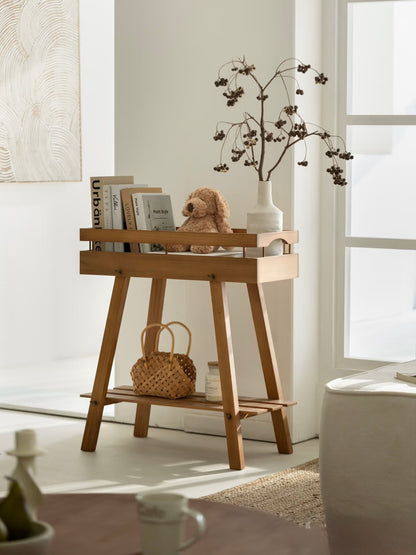 Mid-Century Modern 2-Tier Wooden Plant Stand – Tray Top Console & Display Shelf