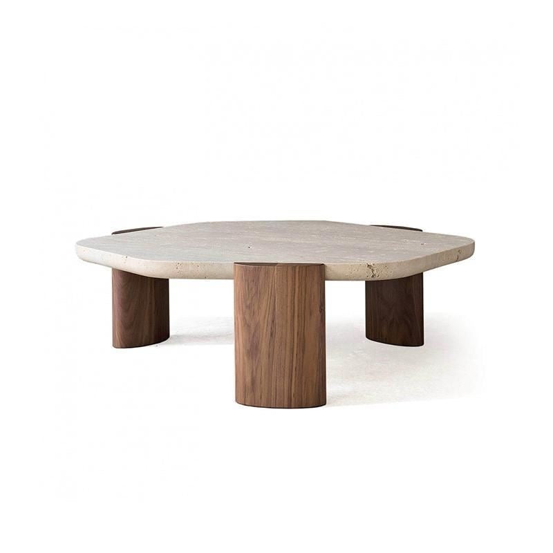 Hexagonal coffee table with marble top and wooden legs on a white background