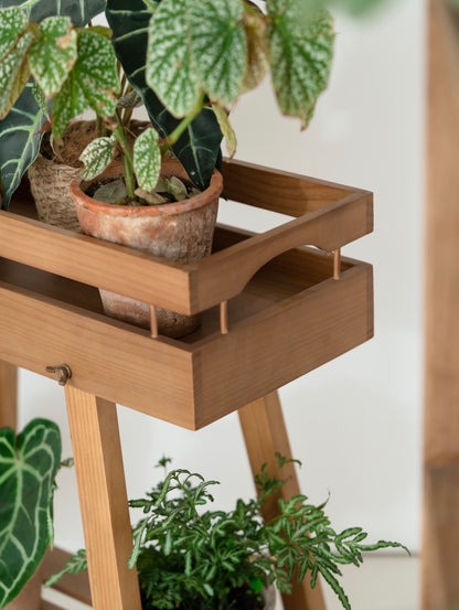 Mid-Century Modern 2-Tier Wooden Plant Stand – Tray Top Console & Display Shelf