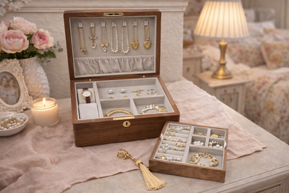Walnut Jewelry Box with Pull-Out Tray – Elegant Wooden Jewelry Organizer with Necklace Hooks