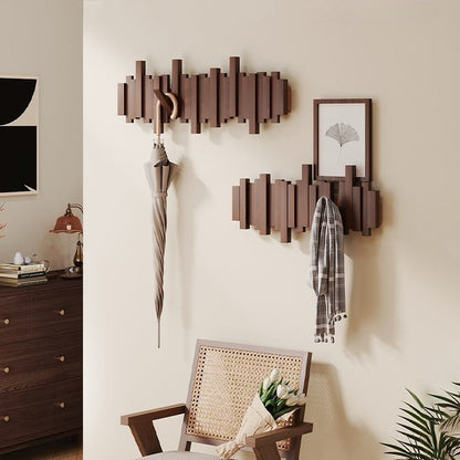Modern Wooden Wall Hook Rack – Space-Saving Folding Coat Rack with Hidden Hooks – Stylish Walnut Wood Floating Wall Organizer