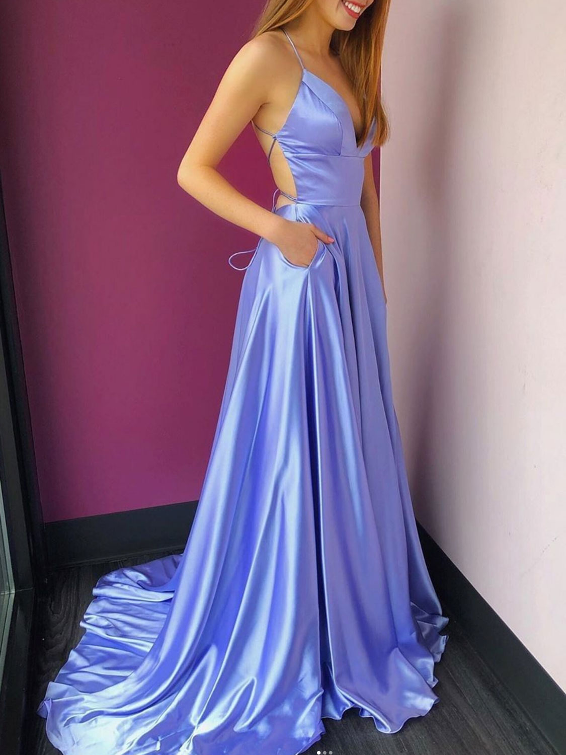 Simple v neck backless long prom dress, A line long evening dress