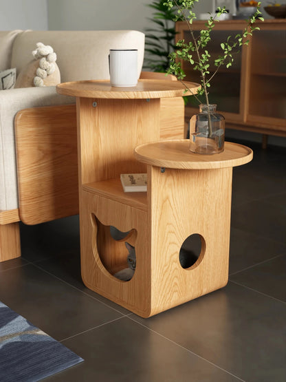 Multi-Level Wooden Side Table with Built-In Cat House – Stylish and Functional Pet-Friendly Furniture
