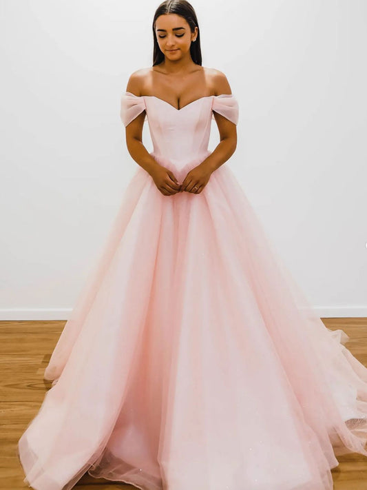 Pink off shoulder tulle long prom dress, pink A line evening dress