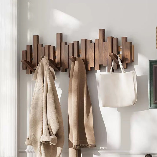 Modern Wooden Wall Hook Rack – Space-Saving Folding Coat Rack with Hidden Hooks – Stylish Walnut Wood Floating Wall Organizer