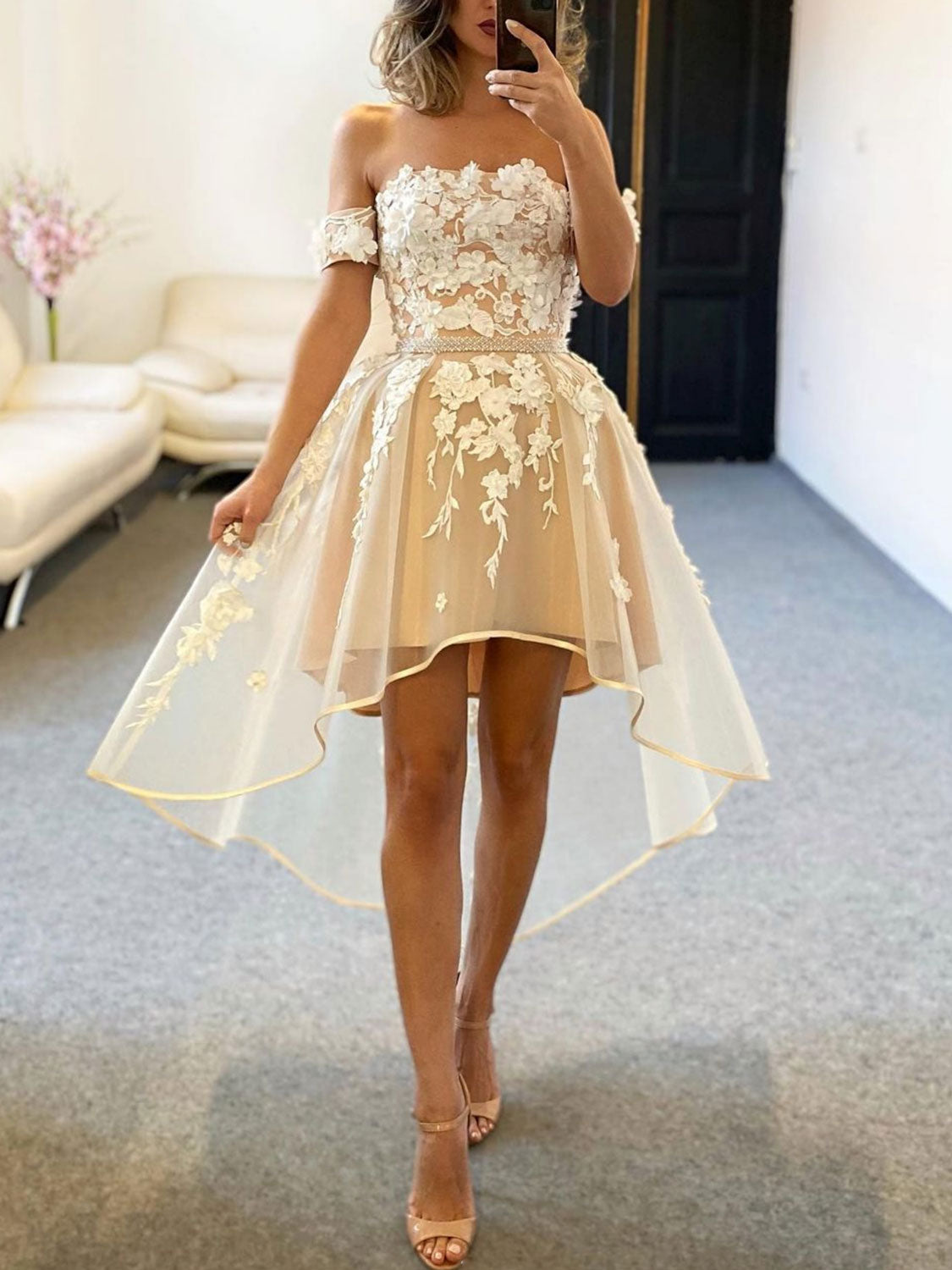 Champagne tulle off shoulder lace high low prom dress lace homecoming dress