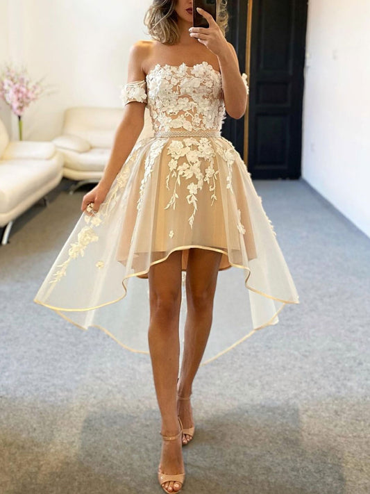 Champagne tulle off shoulder lace high low prom dress lace homecoming dress