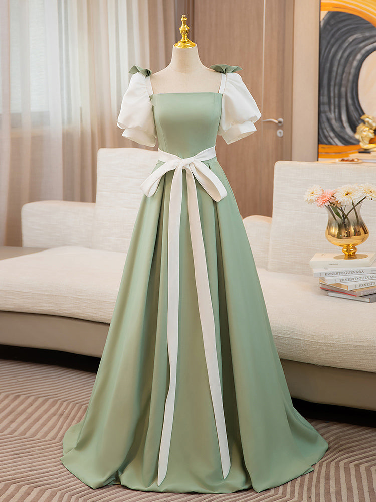 A-Line Puff  Sleeves Satin Green Long Prom Dress, Green Sweet 16 Dress