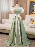 A-Line Puff  Sleeves Satin Green Long Prom Dress, Green Sweet 16 Dress