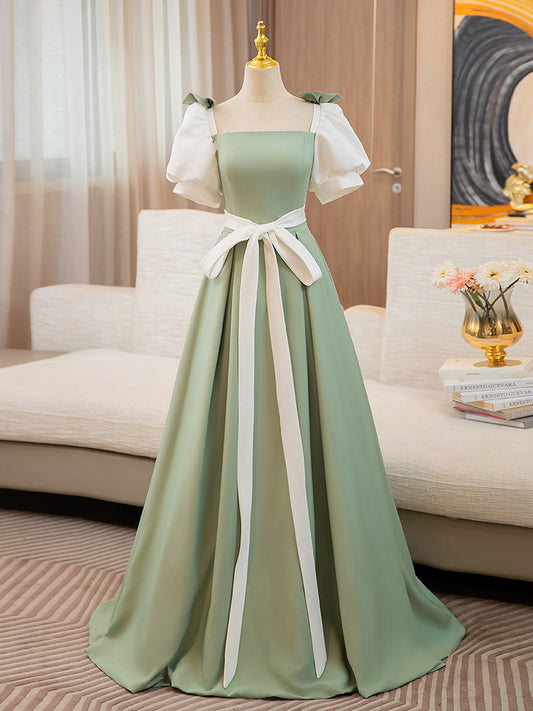 A-Line Puff  Sleeves Satin Green Long Prom Dress, Green Sweet 16 Dress