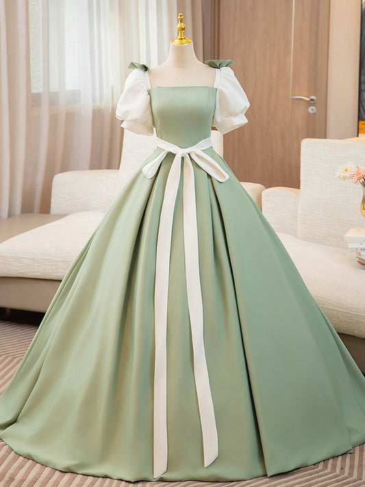 A-Line Puff  Sleeves Satin Green Long Prom Dress, Green Sweet 16 Dress