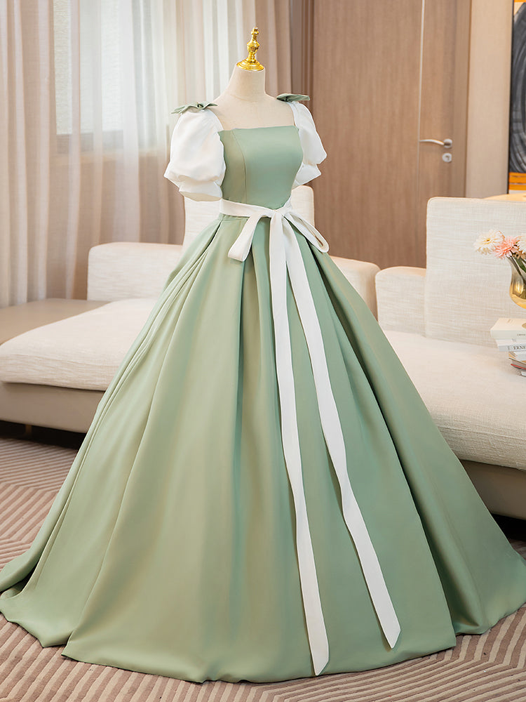 A-Line Puff  Sleeves Satin Green Long Prom Dress, Green Sweet 16 Dress