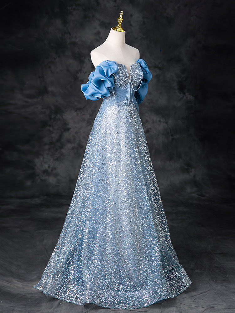 A-Line Off Shoulder Sequin Beads Blue Long Prom Dress, Blue Long Evening Dress