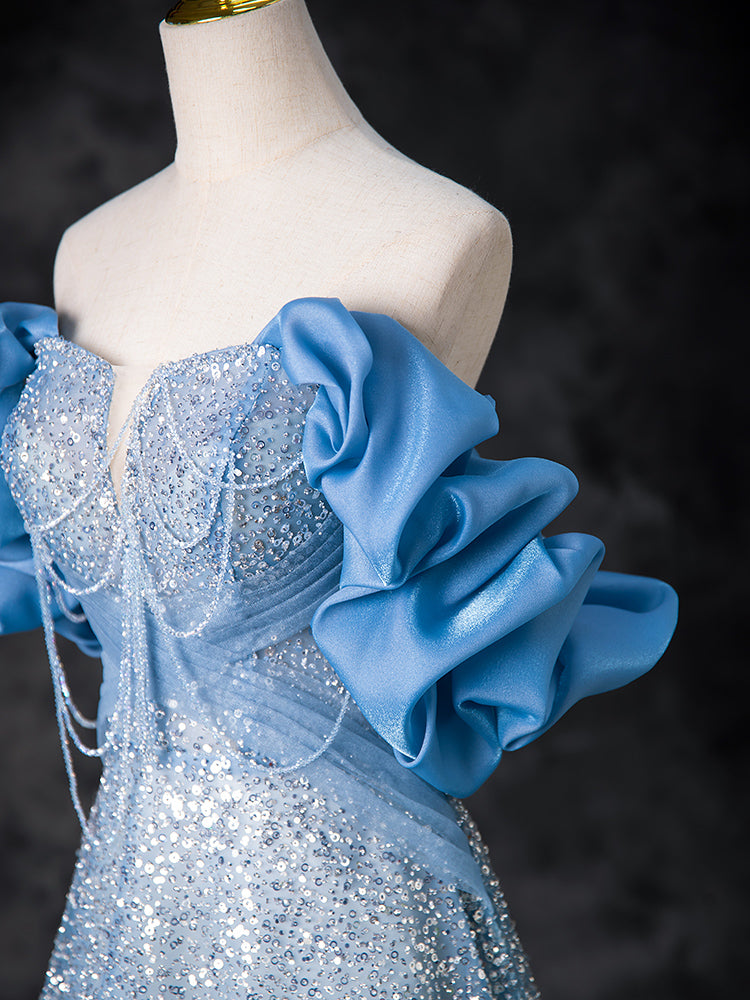 A-Line Off Shoulder Sequin Beads Blue Long Prom Dress, Blue Long Evening Dress