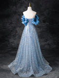 A-Line Off Shoulder Sequin Beads Blue Long Prom Dress, Blue Long Evening Dress